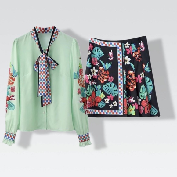 Tassel Shirt Skirt Set Green Print Blossom Flower